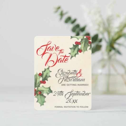 Ouderwetse 'Save The Date' met hulst voor de bruil Kaart (Staand voorkant)