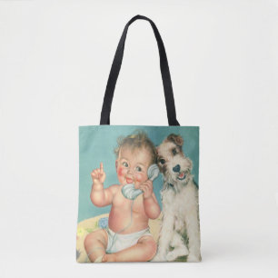 Ouderwetse Schattige Baby Praat op Telefoon Puppy  Tote Bag