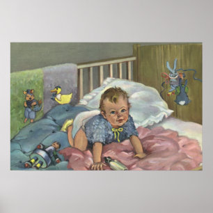 Ouderwetse schattige baby speelt in wieg, kinderti poster