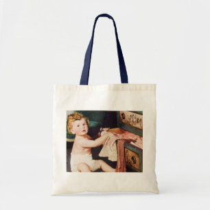 Ouderwetse schattige peuter speelt met kledingkast tote bag
