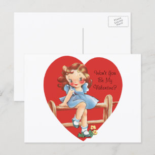 Ouderwetse schattige Valentijnsdag, meisje op een  Feestdagenkaart