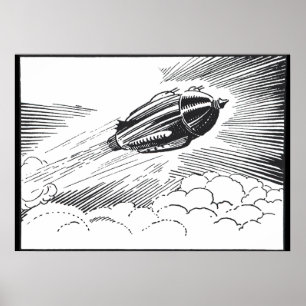 Ouderwetse sciencefiction-ruimteschip-raket in wol poster
