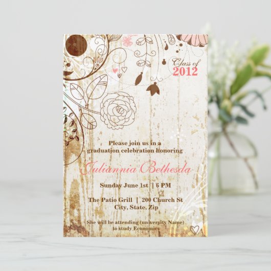 Ouderwetse Shabby Chic Bloemen Afstudeer Uitnodigi Kaart (Staand voorkant)