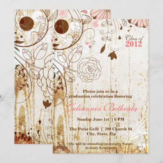 Ouderwetse Shabby Chic Bloemen Afstudeer Uitnodigi Kaart (Voorkant / Achterkant)