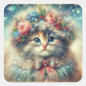 Ouderwetse Shabby Chic Kerstkat Vierkante Sticker (Voorkant)