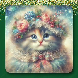 Ouderwetse Shabby Chic Kerstkat Vierkante Sticker