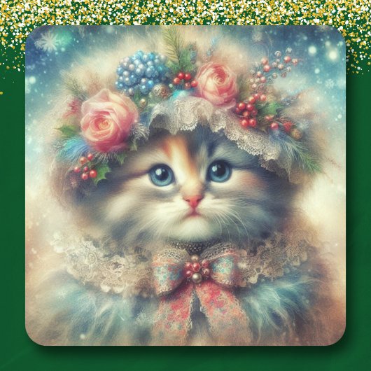 Ouderwetse Shabby Chic Kerstkat Vierkante Sticker