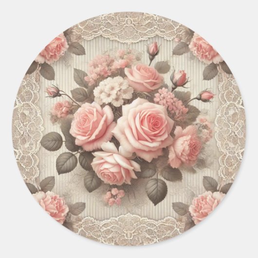 Ouderwetse Shabby Chic Roze Roos Bloemmotief Ronde Sticker (Voorkant)
