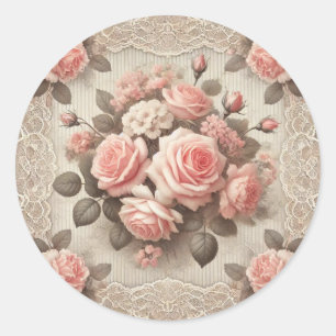 Ouderwetse Shabby Chic Roze Roos Bloemmotief Ronde Sticker