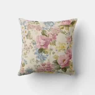 Ouderwetse Shabby Chic Roze Rozen en Wilde Bloemen Kussen