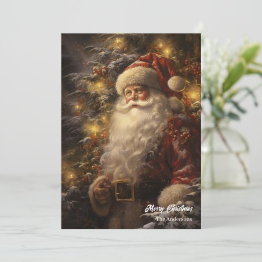Ouderwetse Sinterklaas in besneeuwd bos Feestdagenkaart (Staand voorkant)