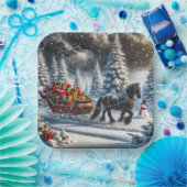 Ouderwetse slee gevuld met kerstcadeaus papieren bordje (Feest)