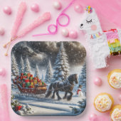 Ouderwetse slee gevuld met kerstcadeaus papieren bordje (Feest)