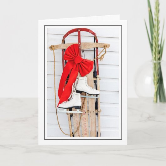 Ouderwetse slee met schaatsen feestdagen kaart (Voorkant)