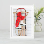 Ouderwetse slee met schaatsen feestdagenkaart (Staand voorkant)