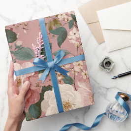Ouderwetse Stof Roze Crème Bloemmotief Cadeaupapier