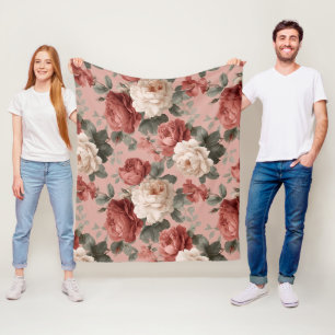Ouderwetse Stof Roze Crème Bloemmotief Fleece Deken