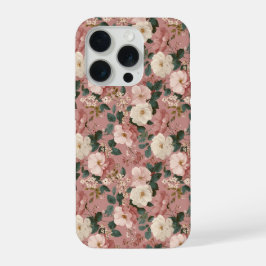 Ouderwetse Stof Roze Crème Bloemmotief iPhone 15 Pro Case