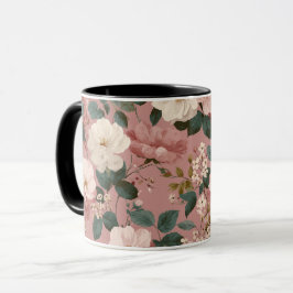 Ouderwetse Stof Roze Crème Bloemmotief Mok
