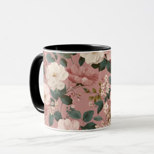 Ouderwetse Stof Roze Crème Bloemmotief Mok (Voorkant links)