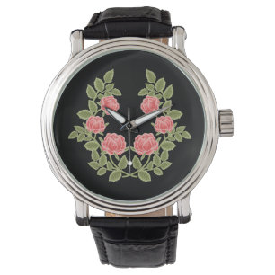 Ouderwetse Stof Roze Rozen Bloempatroon - Romantis Horloge