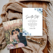 Ouderwetse Stofblauwe Bloem Foto Bruiloft Save The Date