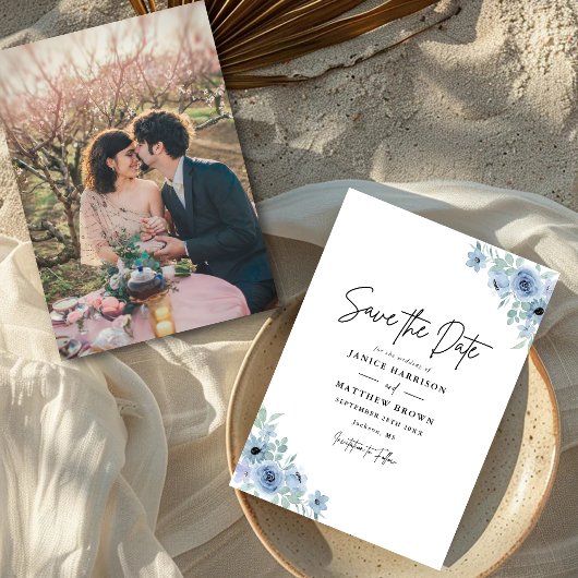 Ouderwetse Stofblauwe Bloem Foto Bruiloft Save The Date
