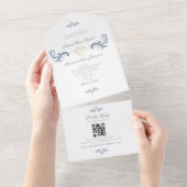 Ouderwetse Stofblauwe Gouden QR Code Bruiloft All In One Uitnodiging (Afscheurbaar)