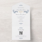 Ouderwetse Stofblauwe Gouden QR Code Bruiloft All In One Uitnodiging (Binnen)