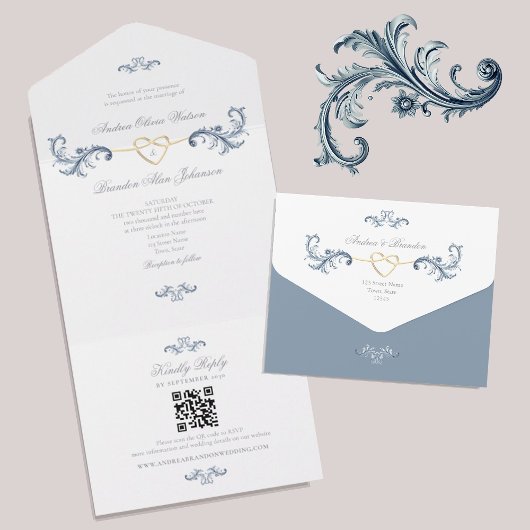 Ouderwetse Stofblauwe Gouden QR Code Bruiloft All In One Uitnodiging