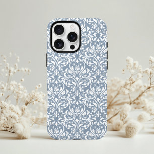 Ouderwetse stoffige blauwe en witte bloemdamastpat Case-Mate iPhone case