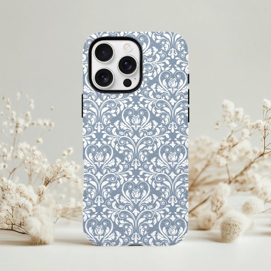Ouderwetse stoffige blauwe en witte bloemdamastpat Case-Mate iPhone case