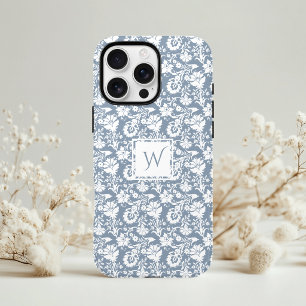 Ouderwetse stoffige blauwe en witte bloemenmonogra Case-Mate iPhone case