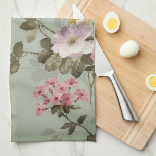 Ouderwetse stoffige olijfgroene bloemendesign theedoek