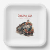 Ouderwetse stoomtrein retro kerst papieren bordje (Voorkant)