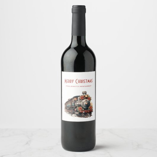 Ouderwetse stoomtrein retro kerst wijn etiket (Voorkant)