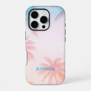 Ouderwetse strand zonsondergang palmbomen pastel iPhone 16 pro hoesje