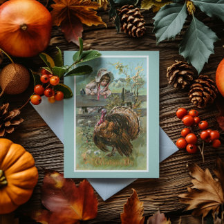 Ouderwetse Thanksgiving Meisje En Kalkoen Kaart