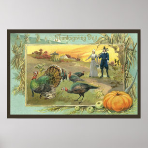 Ouderwetse Thanksgiving met pelgrims en kalkoenen Poster