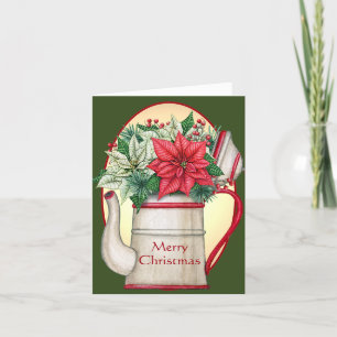 Ouderwetse theepot met poinsettia's Kerstmis Feestdagen Kaart
