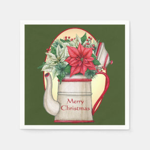 Ouderwetse theepot met poinsettia's Kerstmis  Servet