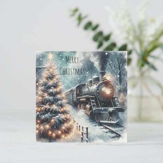 Ouderwetse trein en  Logo Feestdagenkaart (Staand voorkant)