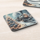 Ouderwetse trein en winterscène bier onderzetter (Linkerzijde)