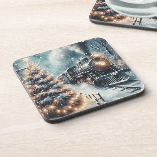 Ouderwetse trein en winterscène bier onderzetter (Linkerzijde)