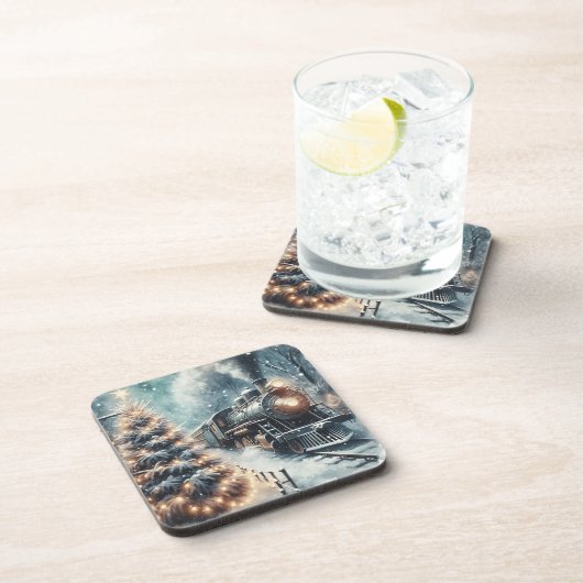 Ouderwetse trein en  winterscène bier onderzetter (Rechterzijde)