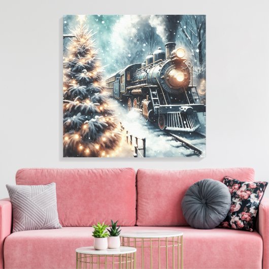 Ouderwetse trein en winterscène canvas afdruk (Insitu (Woonkamer))