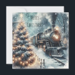 Ouderwetse trein en  winterscène feestdagenkaart<br><div class="desc">Persoonlijke kerstkaart. Ja. Ouderwetse  retro trein in een prachtige besneeuwde winterscène met een dennenboom met verlichte kerstverlichting.</div>