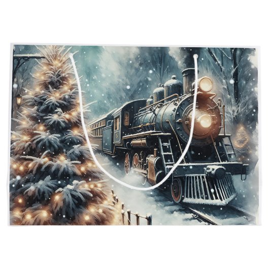 Ouderwetse trein en  winterscène groot cadeauzakje (Achterkant)