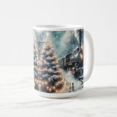 Ouderwetse trein en  winterscène koffiemok (Voorkant rechts)