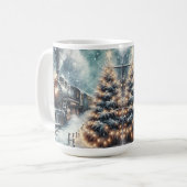 Ouderwetse trein en  winterscène koffiemok (Voorkant links)